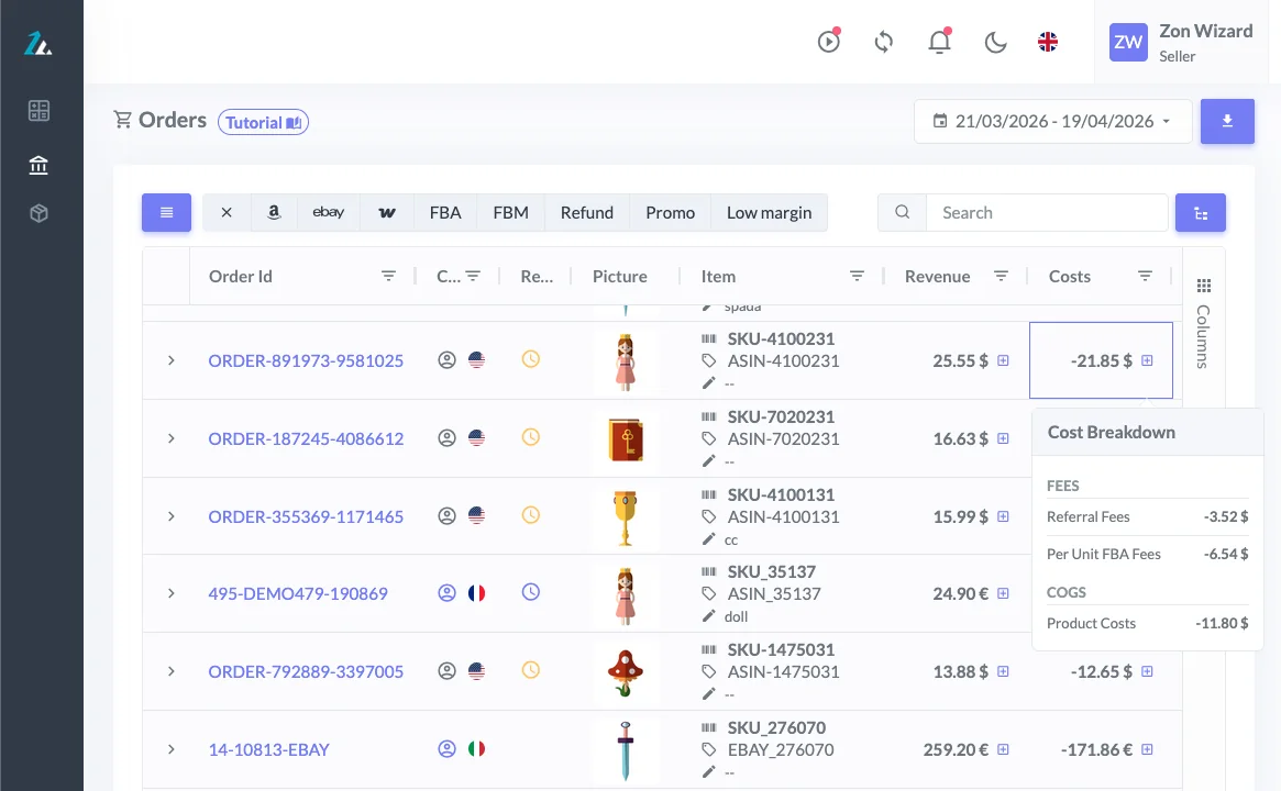 Order View on ZonWizard to check each Amazon sale